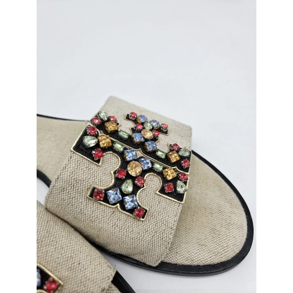 Tory Burch Ines Embellished Linen Slides Slip on Sandals in Natural Size 11